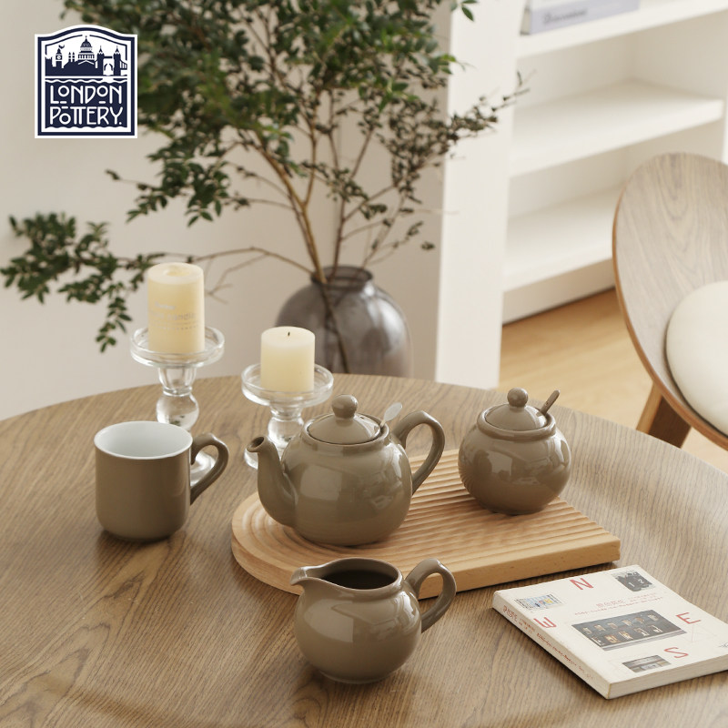 London Pottery 奶咖色英式奶壶陶瓷糖罐勺盖一体套装茶罐调味罐