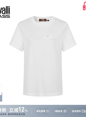 Cavalli Class卡沃利女装钉珠蕾丝刺绣圆领T恤女夏季字母宽松上衣