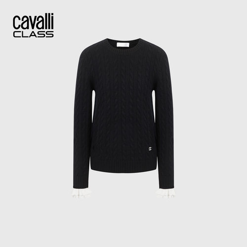 Cavalli Class卡沃利高端女装慵懒风羊毛针织衫秋冬拼接撞色毛衣