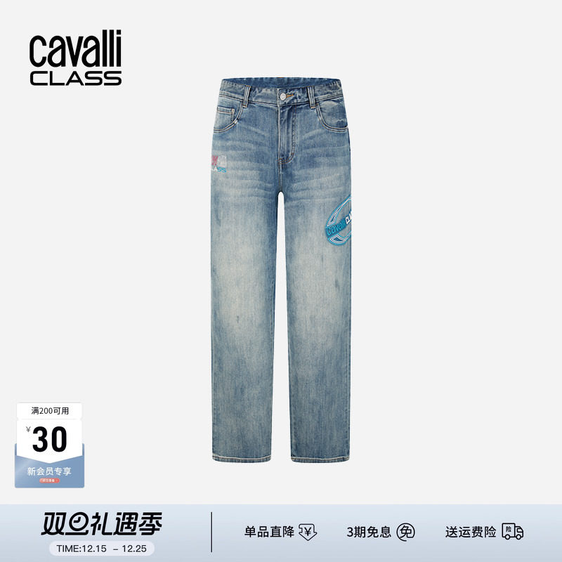 卡沃利25春季直筒宽松刺绣牛仔裤