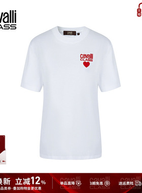 Cavalli Class卡沃利女装爱心字母贴布绣短袖T恤女白色百搭上衣潮