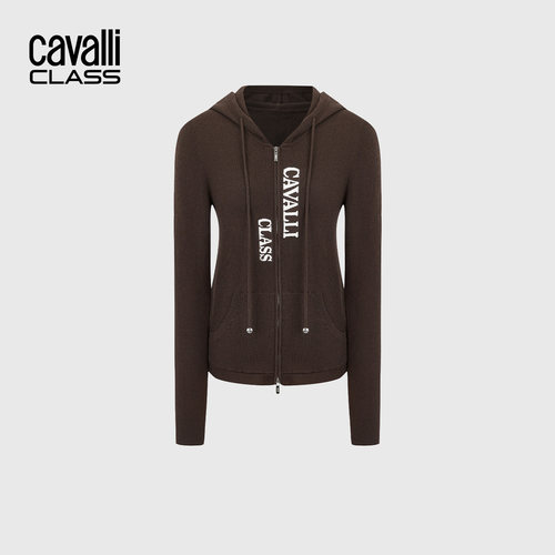 Cavalli Class卡沃利高端女装提花绵羊毛针织衫开衫连帽抽绳毛衣