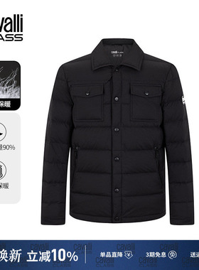Cavalli Class卡沃利男装冬季新款黑色简约衬衫领羽绒服休闲外套