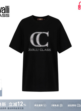 Cavalli Class卡沃利女装休闲印花T恤烫钻圆领短袖宽松上衣套头衫