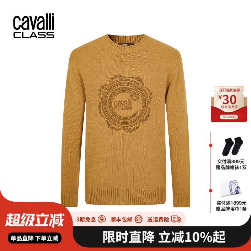 CavalliClass卡沃利春秋圆领套头含羊毛针织衫男刺绣保暖打底毛衣