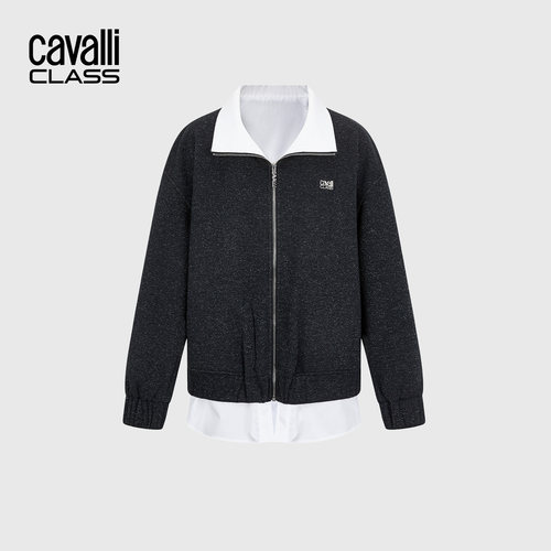 Cavalli Class卡沃利高端女装翻领假两件短外套秋冬休闲拉链夹克