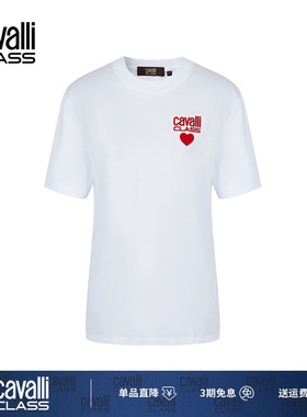Cavalli Class卡沃利女装爱心字母贴布绣短袖T恤女白色百搭上衣潮