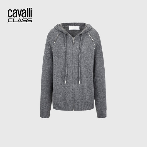 Cavalli Class卡沃利高端女装慵懒风连帽拉链毛衣秋冬羊毛针织衫