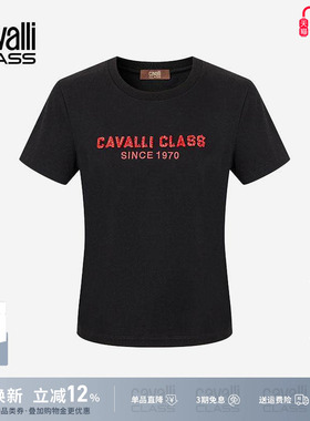Cavalli Class卡沃利25夏季烫钻T恤短袖女纯棉logo印花休闲打底衫
