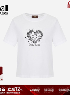 Cavalli Class卡沃利女装夏季轻奢亮片爱心印花短袖T恤女纯棉上衣