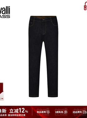 Cavalli Class卡沃利春秋黑色水洗牛仔裤男士宽松直筒休闲长裤子