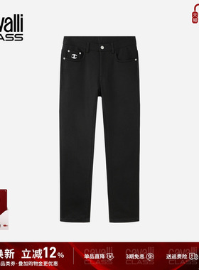 Cavalli Class卡沃利秋季压花绣花黑色男士五袋款磨毛厚款休闲裤