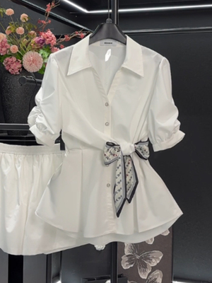 高级感白色女士雪纺衬衫女装夏季2024年新款上衣小衫裙摆收腰衬衣