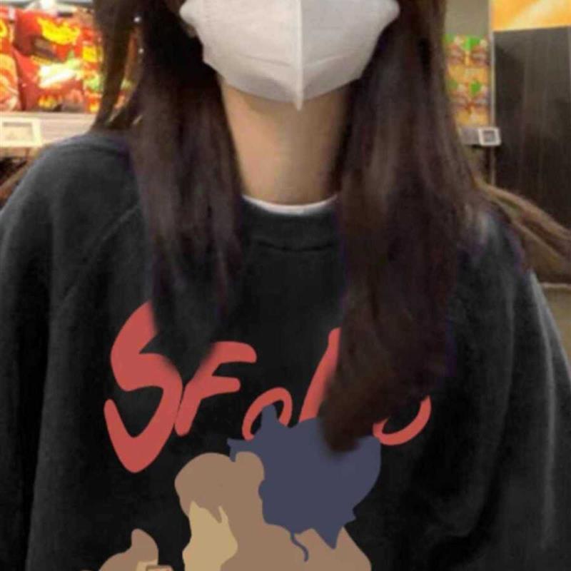 胖mm黑色圆领大码卫衣女春秋薄款oversize小众设计感高街ins潮牌