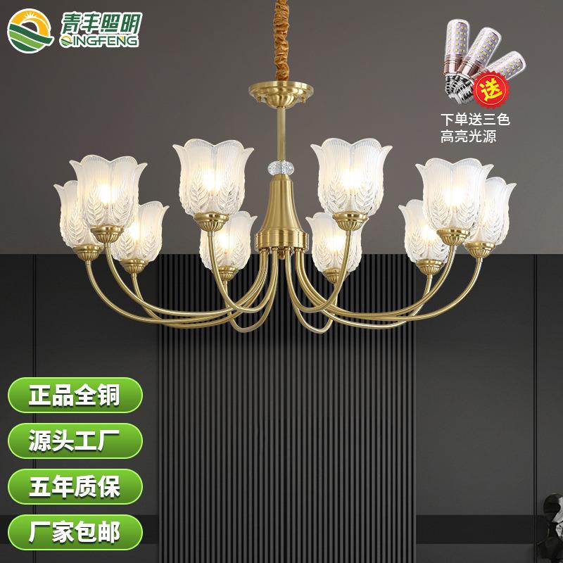 美式水晶吊灯客厅灯全铜轻奢复古欧式卧室餐厅灯主卧楼梯中山灯具