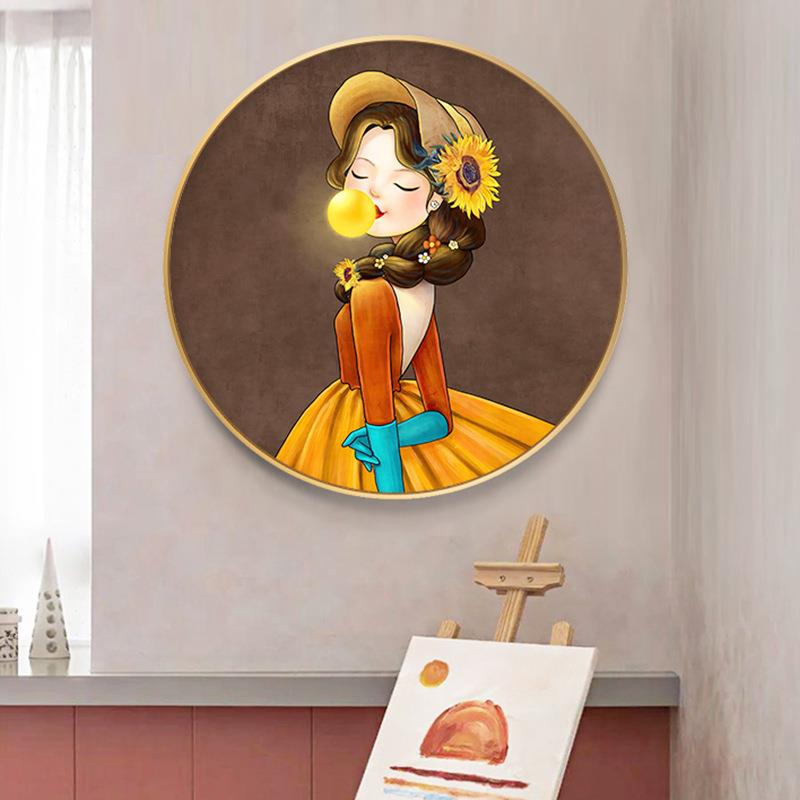 轻奢儿童房装饰画圆形公主女孩卡通房间卧室温馨可爱装饰挂画图片