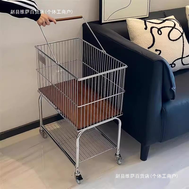 不锈钢中古脏衣篮双层衣服收纳筐卫生间移动架子脏衣篓推车置物架