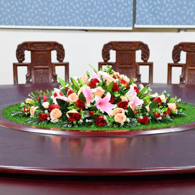 酒店餐桌转盘花大圆桌中间装饰花圆形假花摆件绿色草坪台花仿真花