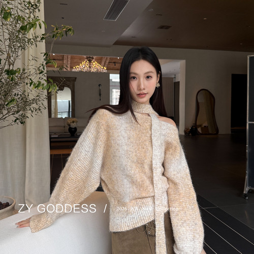 ZY GODDESS-纯欲斜肩宽松遮肉蝙蝠袖毛衣(配围巾)Y8816