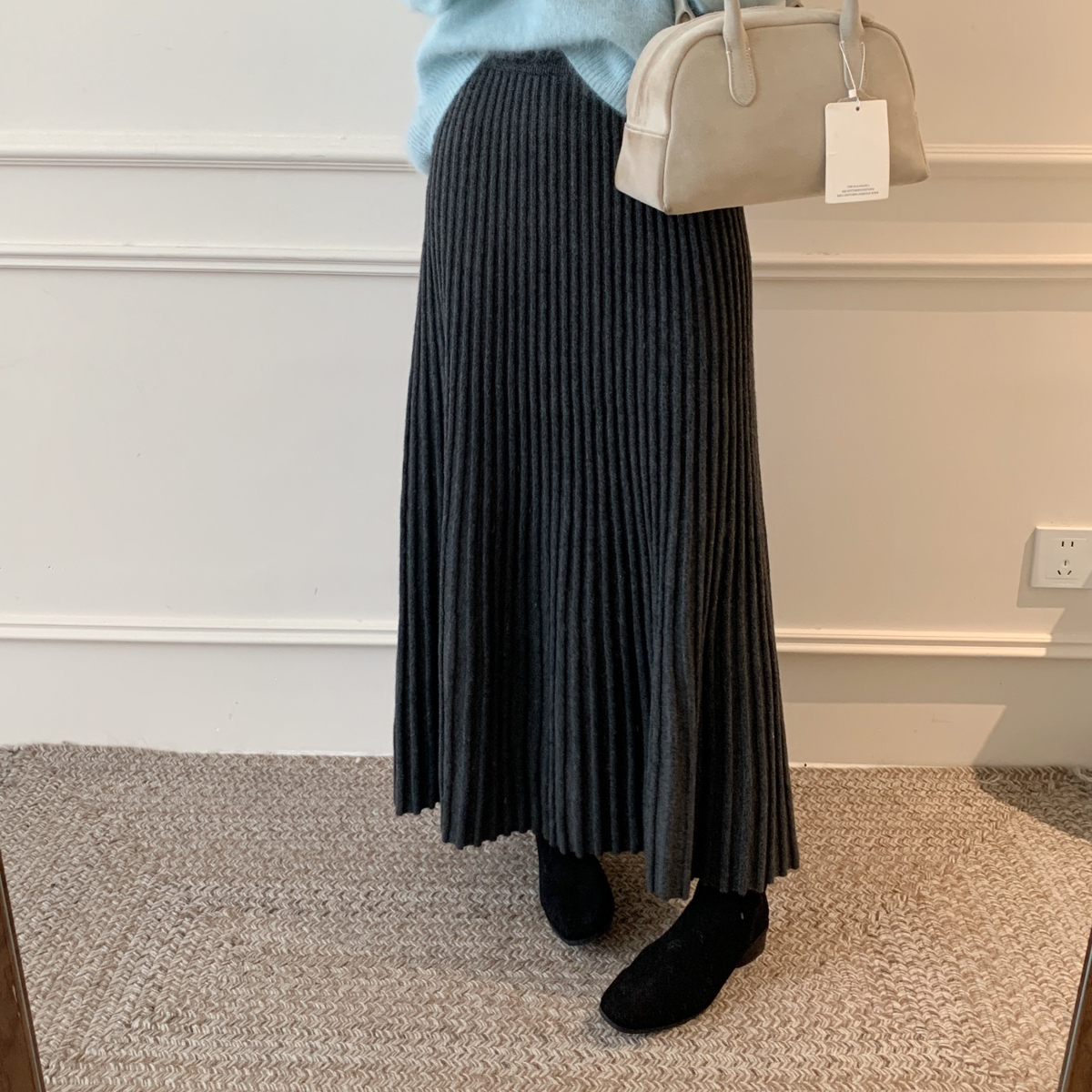 芭妮Bonnet-超厚实气质竖条纹A字裙羊毛针织半身裙（含4.7绵羊毛