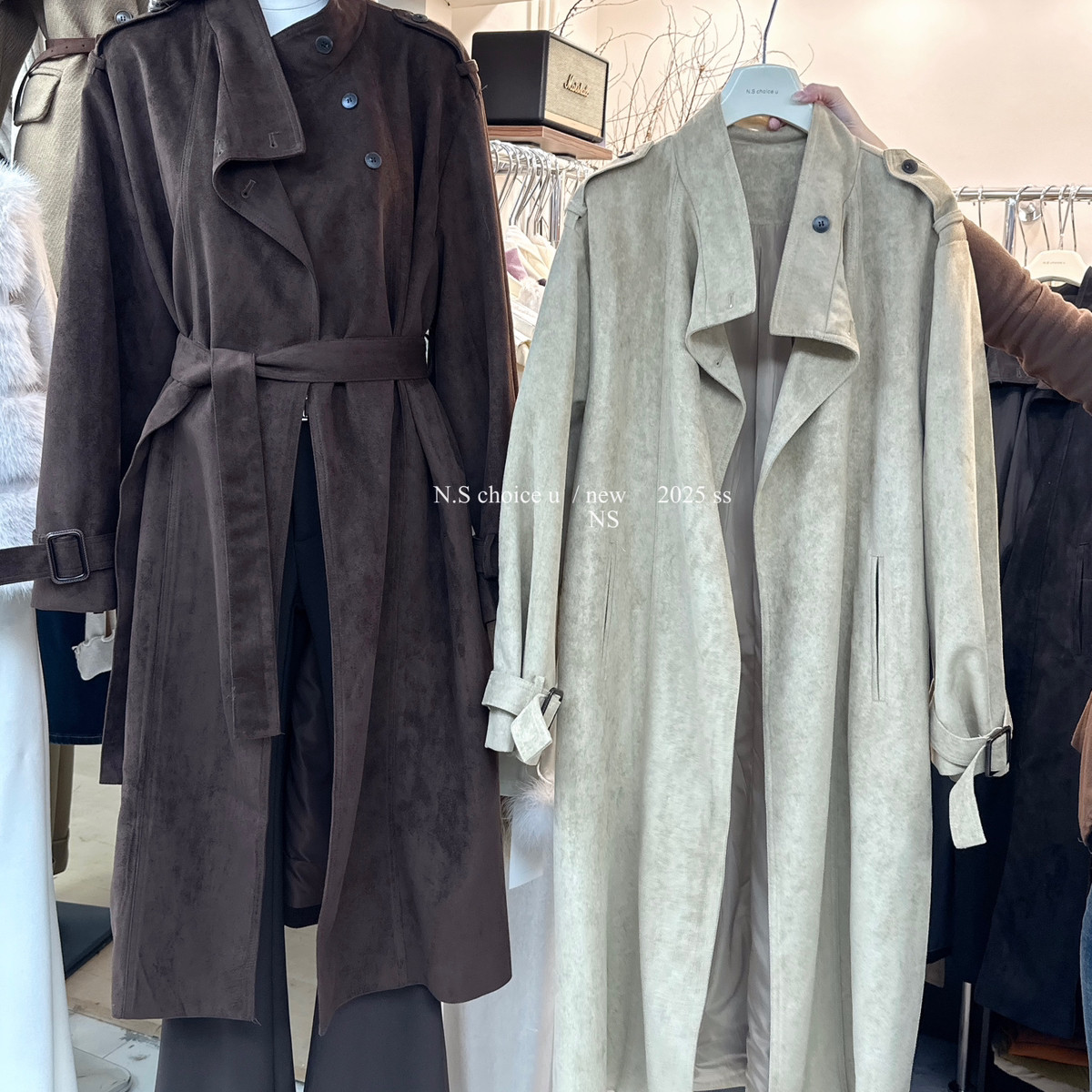 NS CHOICE U-级感立领复古宽松长款外套麂皮绒大衣(配腰带,袖带)