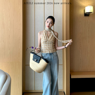 配飘带 上衣背心 16025 纹飘带V领收腰显瘦温柔无袖 AIXILI爱西里