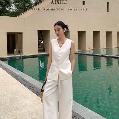 AIXILI爱西里-v领单排扣显瘦马甲上衣+百搭显瘦垂感长裤套装A1938