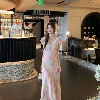 SEE YOU-风蕾丝花边镂空乔其纱飘逸碎花小飞袖绑带显瘦连衣裙F133