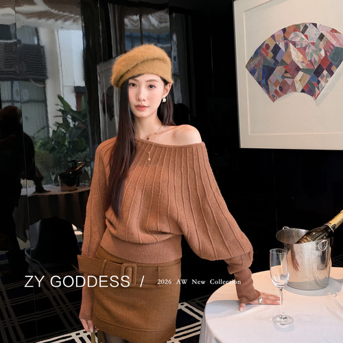 ZY GODDESS-钱风气质圆领坑条纹理慵懒宽松毛衣Y8829