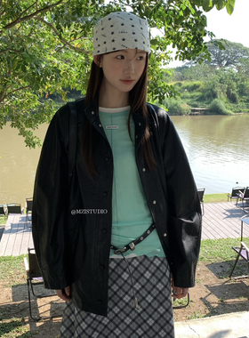 MZI STUDIO-廓形时代韩系复古线条感立领单排扣防风夹克皮衣