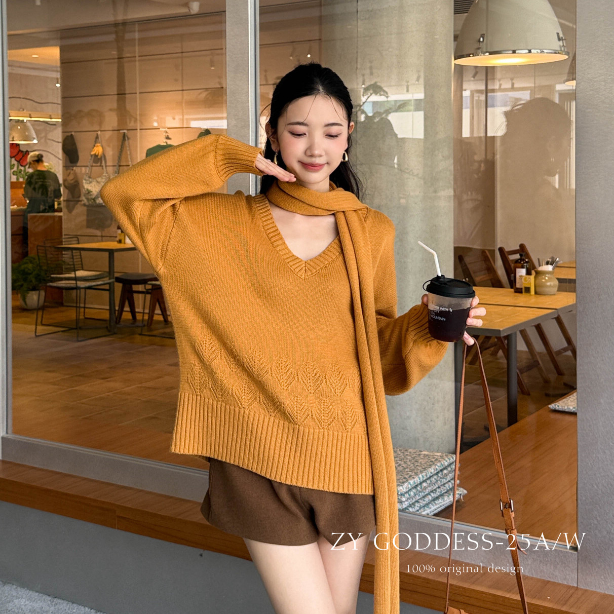 ZY GODDESS-约V领慵懒松弛感宽松百搭保暖毛衣(配围巾)（含13兔绒