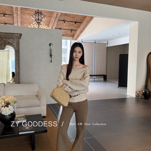 ZY GODDESS-水高腰微喇直筒显瘦百搭呢子休闲裤89530