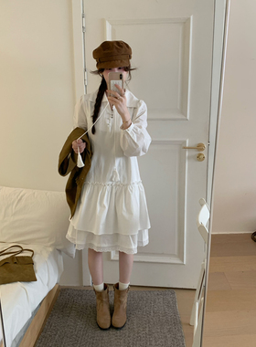 OMELET蛋卷 -古百搭翻领流苏绳重工刺绣拼蕾丝长袖连衣裙HL25909