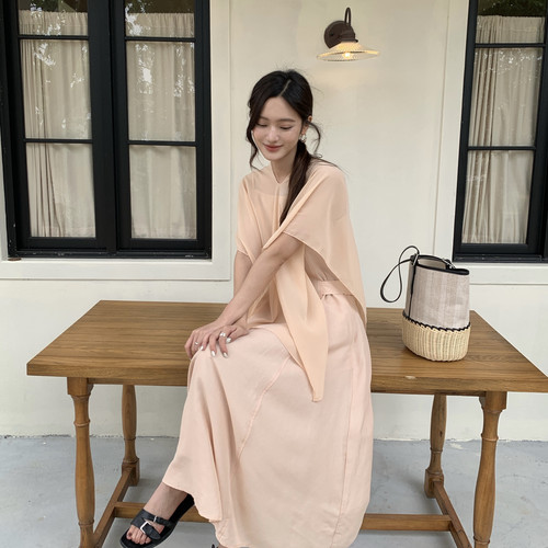 F.THREE三姐妹-带连衣裙+网纱罩衫丝巾两件套套装(含麻料)98523