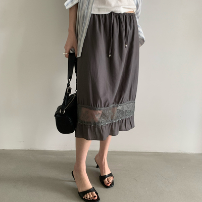 TABLE-紧腰蕾丝拼接中长裙垂感顺滑通勤日常遮肉显瘦半身裙61159