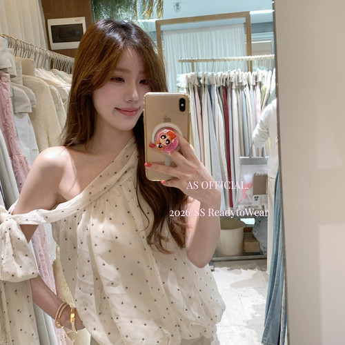 AS OFFICIAL-软档口顶美；秒变氛围赢家斜肩波点绑带雪纺小衫2683