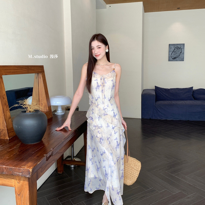 MSTUDIO漫莎-罗勒之花法式风格蝴蝶印花吊带连衣裙6557