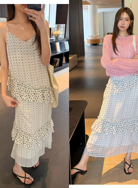 DIGM-新Joriselumo韩系不规则荷叶边设计宽松显瘦波点吊带连衣裙