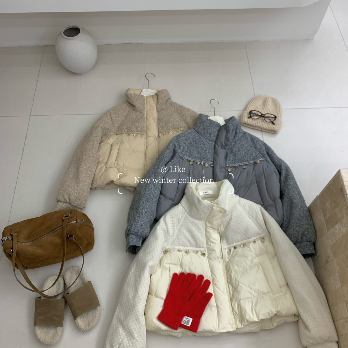 喜番-冬上新2025大牌设计感贝壳呢料拼接减龄保暖羽绒服外套