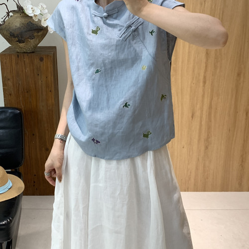 王奕可amzg-档口持续上新气质优雅刺绣盘扣小衫（含100亚麻）3310
