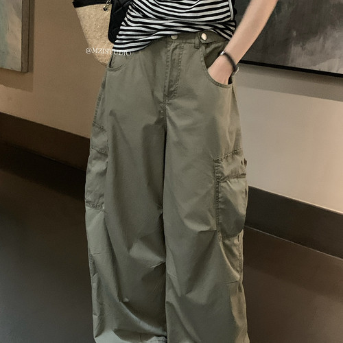 MZI STUDIO-铆钉设计双侧大口袋中性高腰休闲裤(含100棉料)19307#