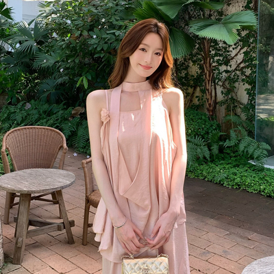 AS OFFICIAL-不规则挂脖小衫+吊带裙套装(两件套,花朵可拆)26215