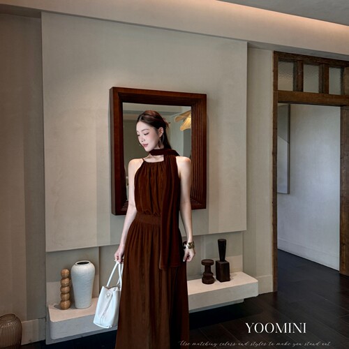 YOOMINI-打揽收腰显白温婉复古气质长裙连衣裙(配围巾)M60767-SR