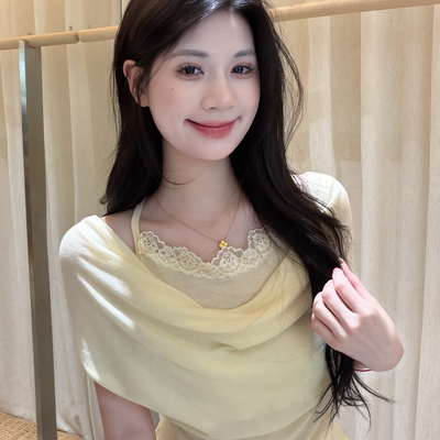 AS OFFICIAL-系美女约会版纯欲荡领拼接蕾丝假两件针织小衫16201