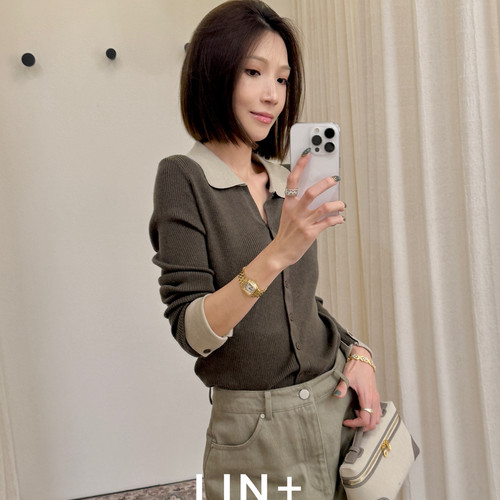 LIN+  -色老钱复古松弛Polo领学院减龄针织开衫2654K085