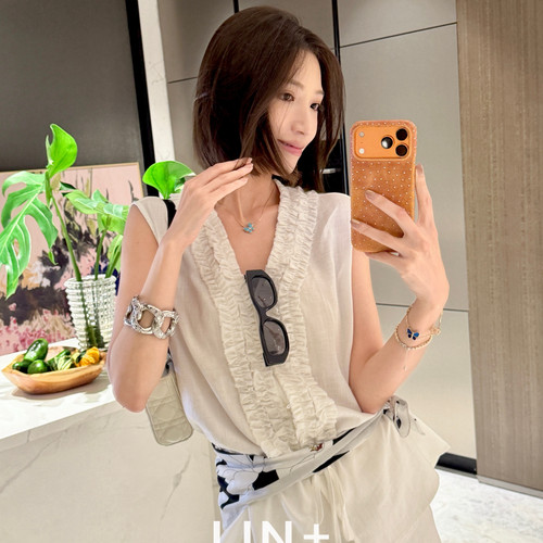 LIN+  夏上新～木耳边莱赛尔亚麻清爽简约百搭小衫CX026