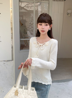 FEIMAO（YIMAO）-早春韩系v领立体花朵系带针织显瘦上衣保暖毛衣