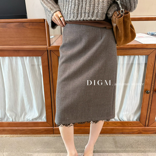 DIGM-质百搭通勤纯色高腰下摆拼接蕾丝花边设计显瘦半身裙DB23039