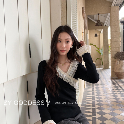 ZY GODDESS-温柔蕾丝花边V领抽褶修身长袖针织衫）Q6303