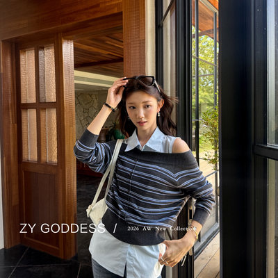 ZY GODDESS-无袖衬衫+一字肩露肩条纹针织衫套装Y862